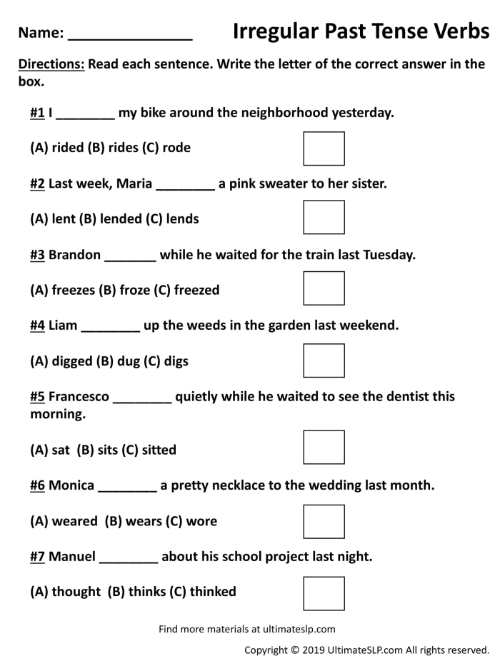 Third grade worksheet featuring irregular past-tense verb practice exercises for students