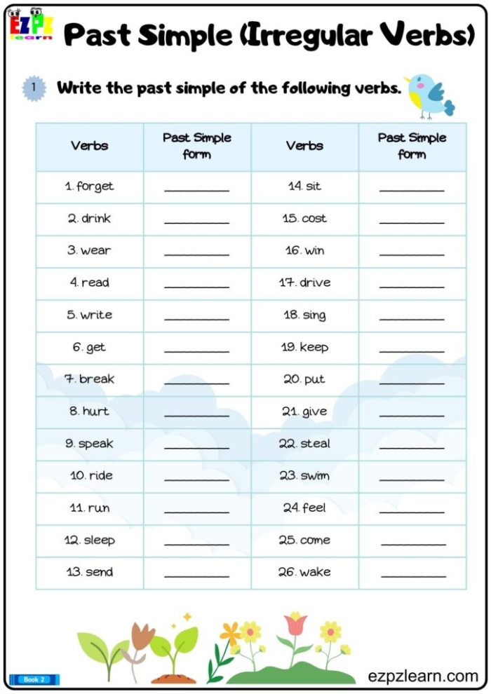 Irregular verbs worksheet for third graders to enhance grammar skills