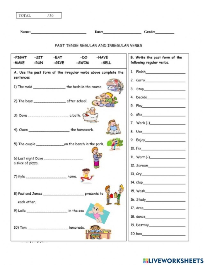 Worksheet featuring irregular past-tense verbs for third-grade students