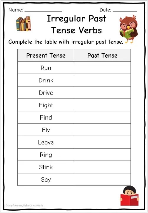 Third grade worksheet page for identifying and writing irregular past-tense verbs