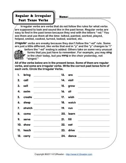 Worksheet featuring exercises on irregular verbs for third graders
