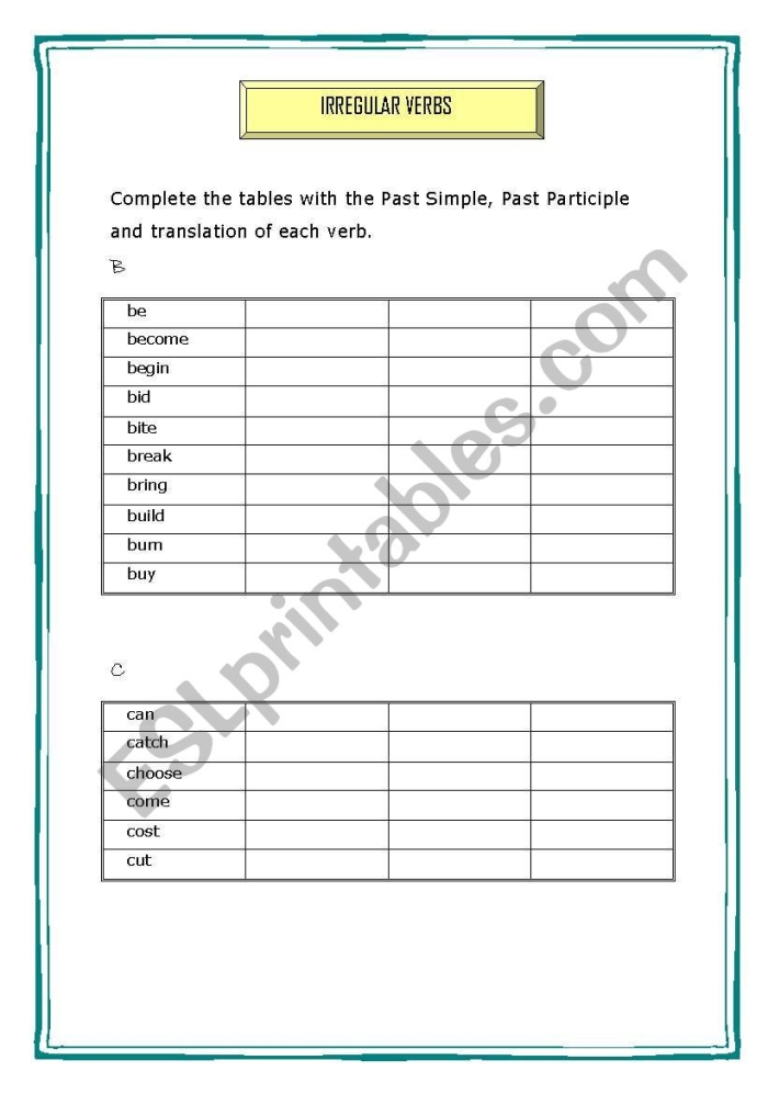 Irregular verbs worksheet designed for third graders to enhance grammar skills