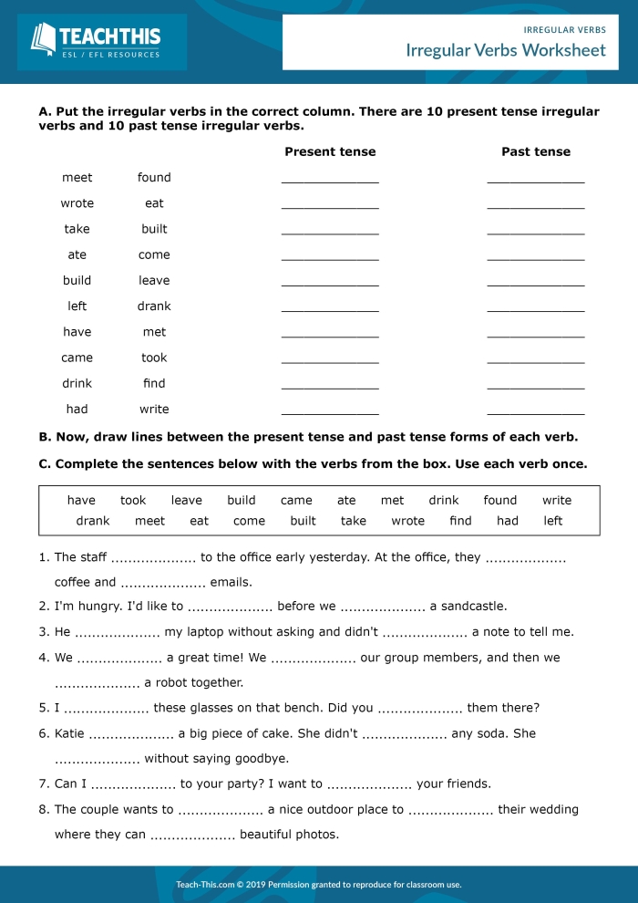 Third grade worksheet featuring a variety of irregular past-tense verb exercises