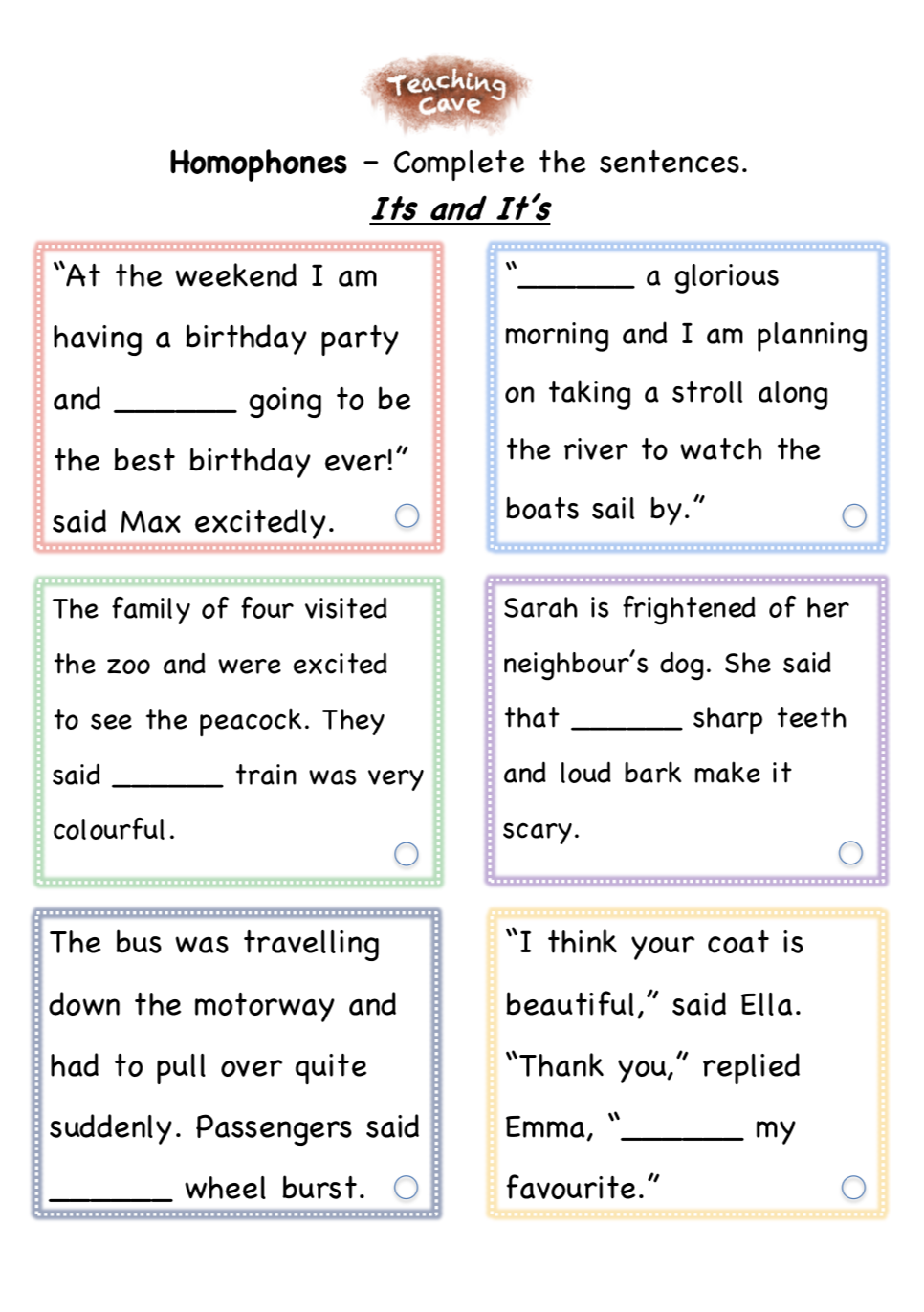 Children engaging with a fun fill-in-the-blank worksheet on its and it's homophones