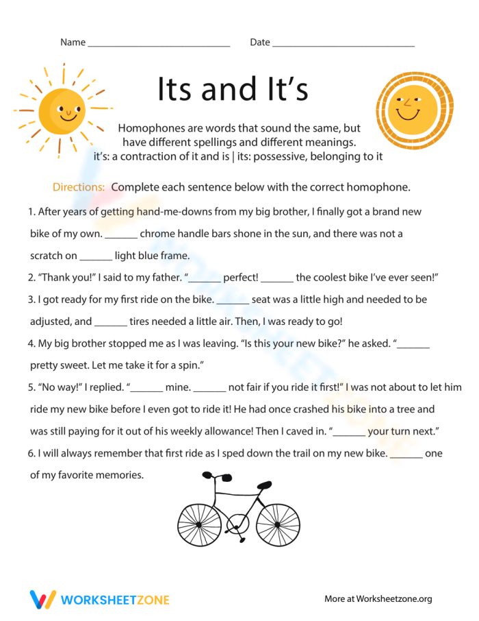 Children's fill-in-the-blank worksheet on homophones focusing on Its and It's
