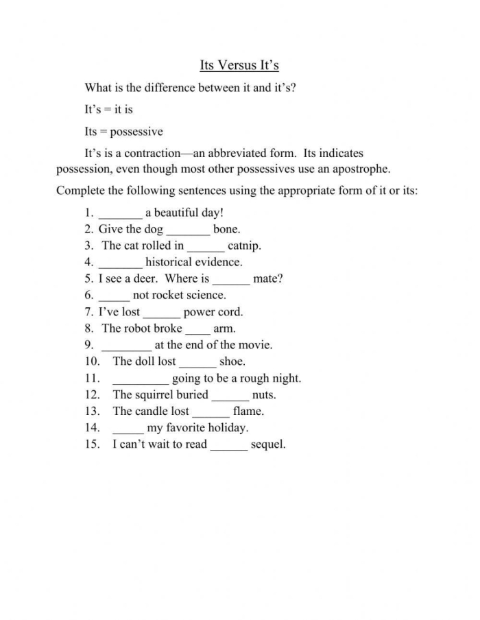 Children completing a fill-in-the-blank worksheet on its and it's homophones