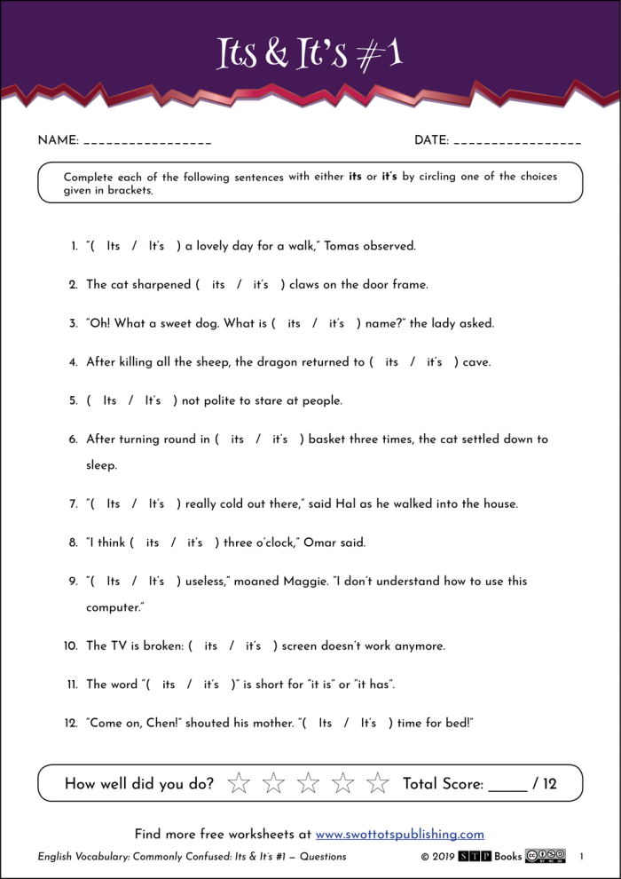 Worksheet for third graders on the difference between "it's" and "its" with sentence completion exercises