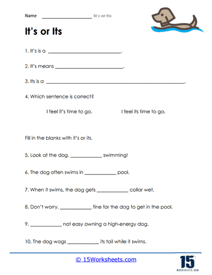 Worksheet for third graders to practice using "it's" and "its" in sentences