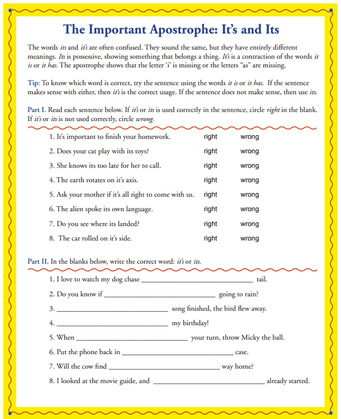Worksheet for third graders on the difference between "its" and "it's" with eight sentences to complete
