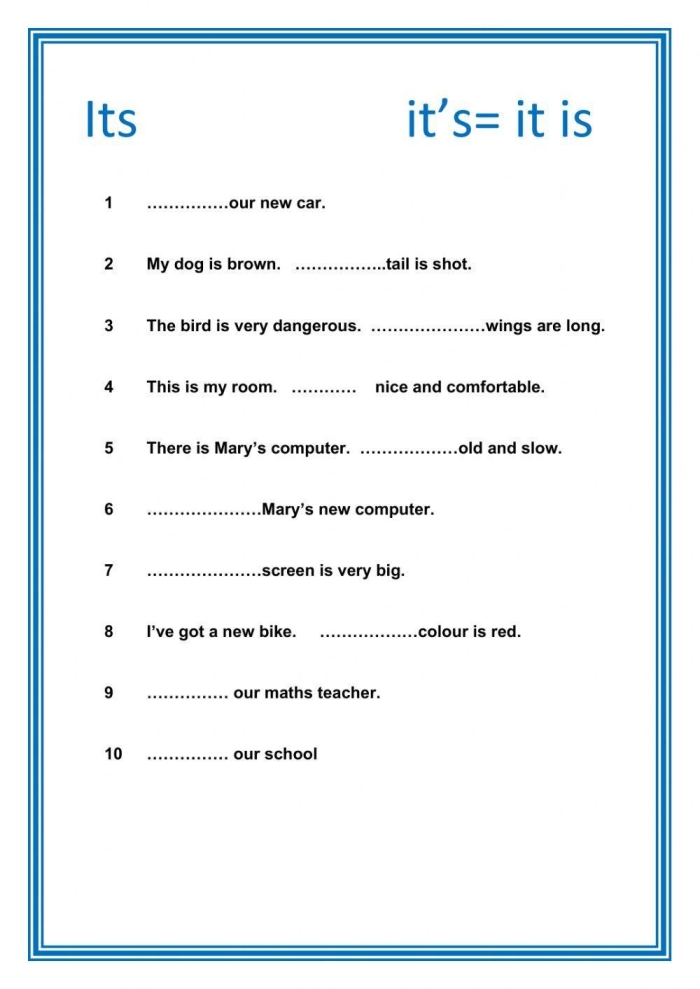Worksheet focused on homophones featuring fill-in-the-blank exercises for kids. Educational activity designed for third graders to master "its" and "it's.