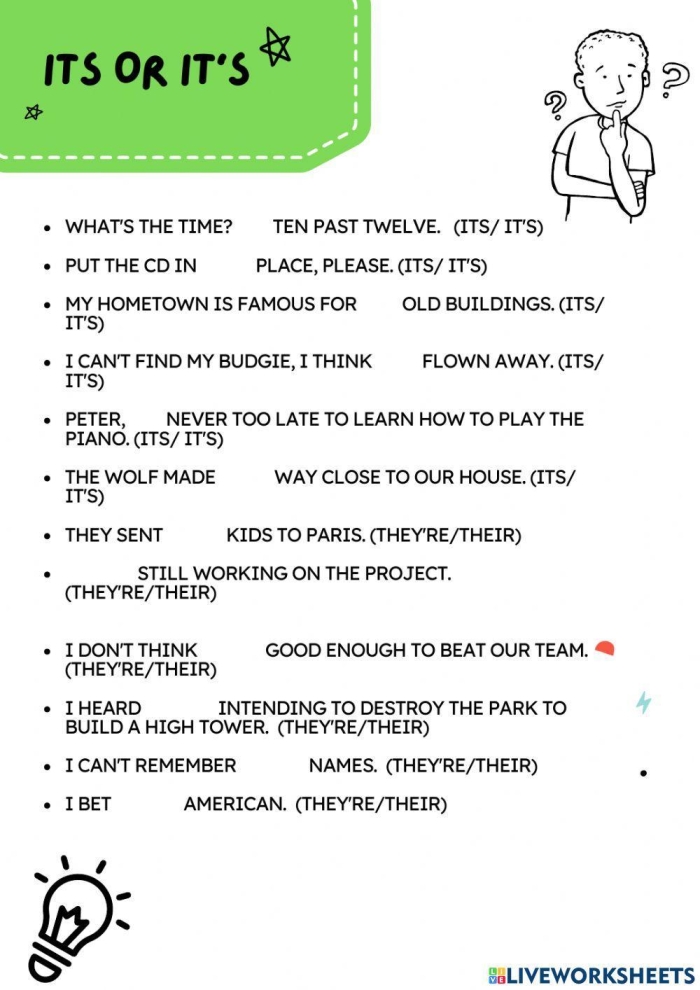 Third grade students working on an its and it's fill-in-the-blank worksheet