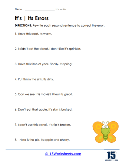 Children's fill-in-the-blank worksheet focusing on the homophones its and it's