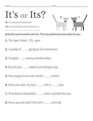 Children's fill-in-the-blank worksheet focusing on the homophones its and it's