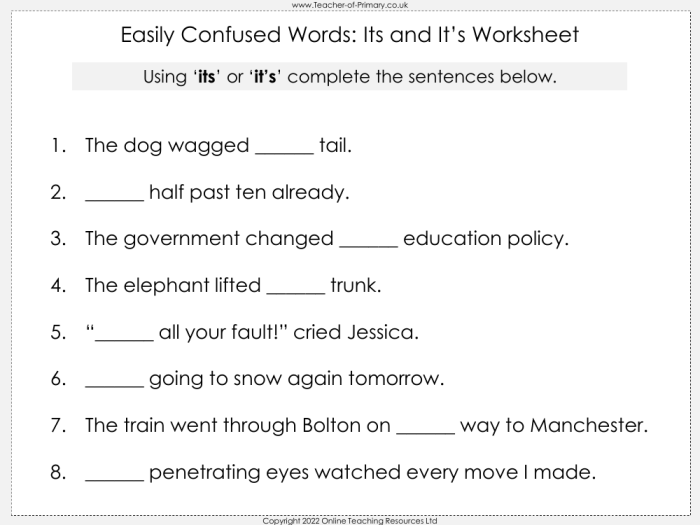 Children's fill-in-the-blank worksheet for practicing its and it's homophones