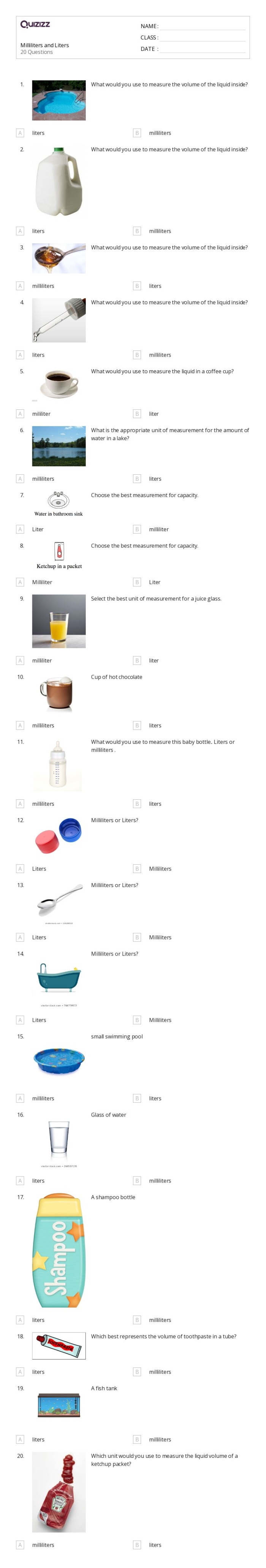 Third Grade Volume Worksheet: Match Objects to Measurement Units Kids engaging with a Measurement worksheet about liters and milliliters