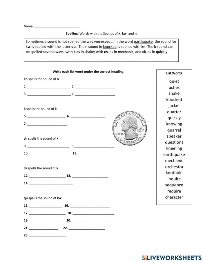 Worksheet for third graders focusing on /kw/ and /k/ sounds spelling activities