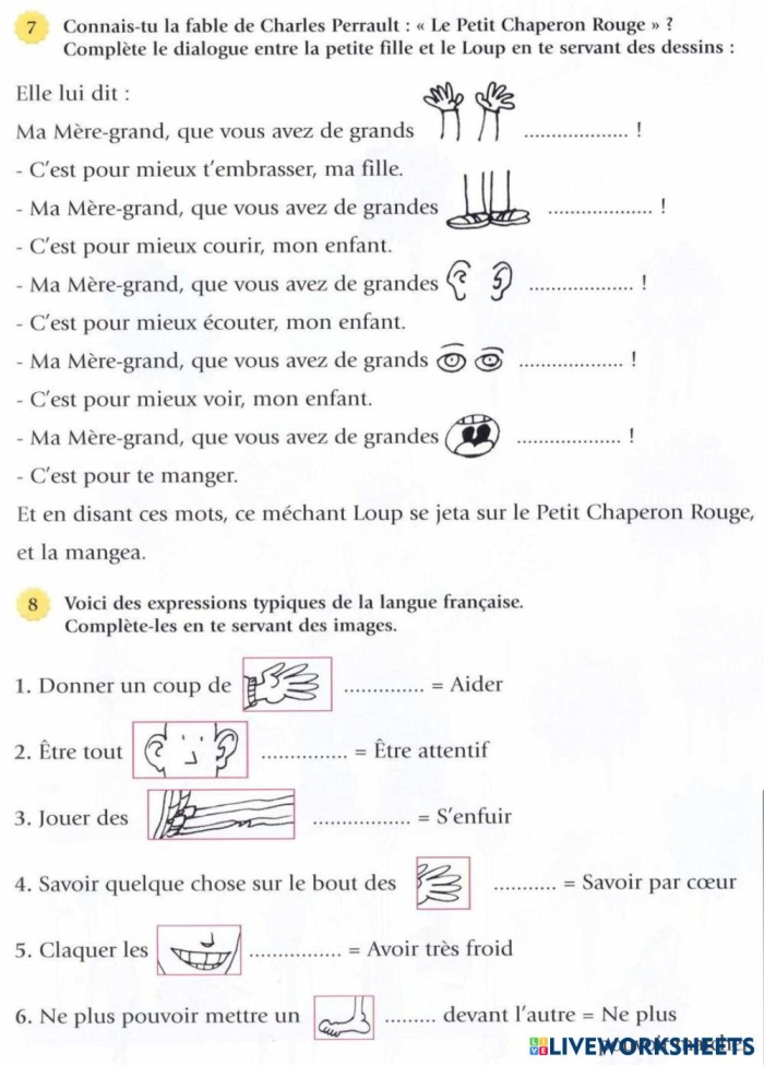 Illustration of a worksheet for teaching third graders French body part vocabulary