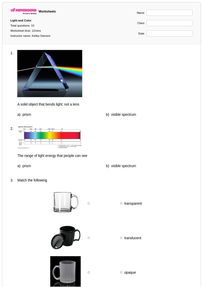 Color perception and light interaction illustrated in a third-grade worksheet