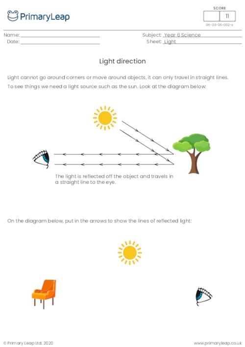 Worksheet demonstrating the direction of light with engaging activities for third graders