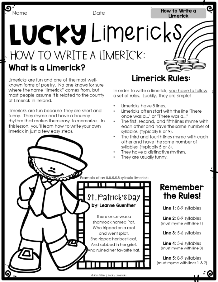 Write a Limerick worksheet for third graders encouraging rhyme and creativity