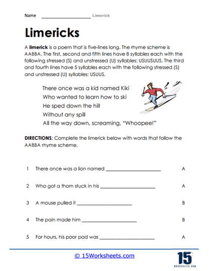 Limerick worksheet for third graders to practice rhyming skills
