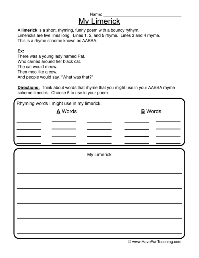 Limerick worksheet designed for third graders to practice rhyming skills