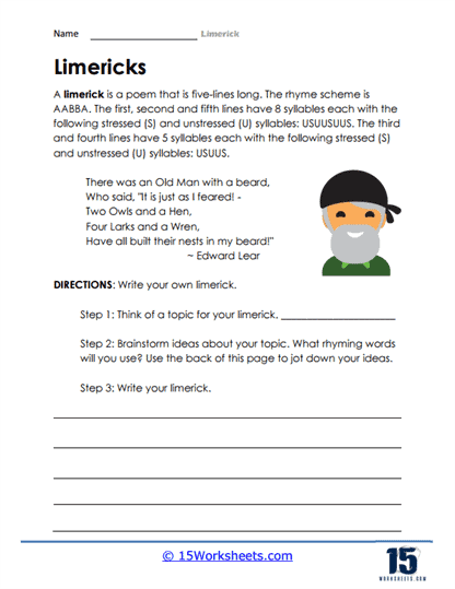 Limerick worksheet for third graders to practice rhyming skills