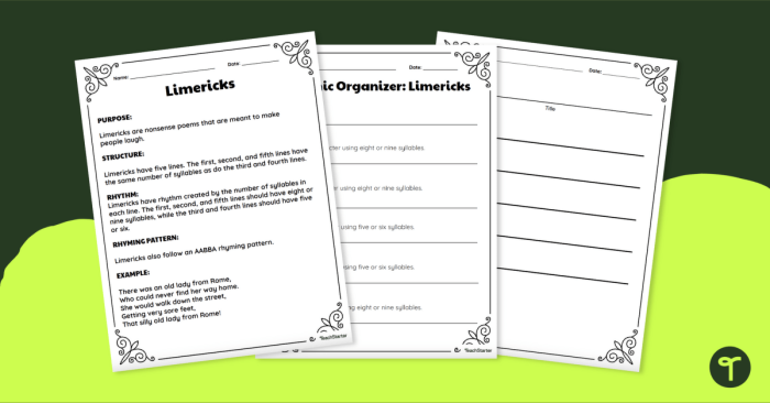 Worksheet for crafting limericks inspired by Edward Lear's style