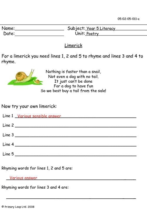 A third-grade student engaging with a limerick writing worksheet