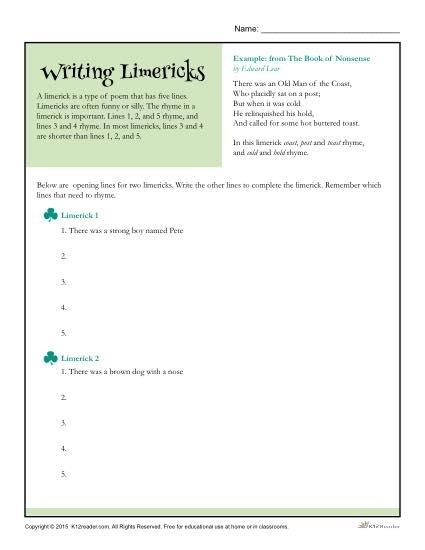 Limerick writing worksheet for third graders to enhance their rhyming skills