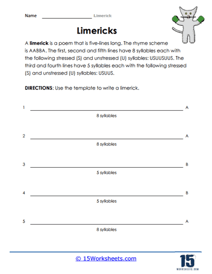 Limerick writing worksheet for third graders featuring Edward Lear's style