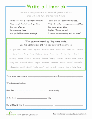 Worksheet for writing limericks in the style of Edward Lear for third graders