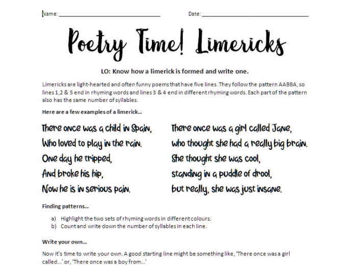 Worksheet for writing a Limerick poem in a fun, engaging format