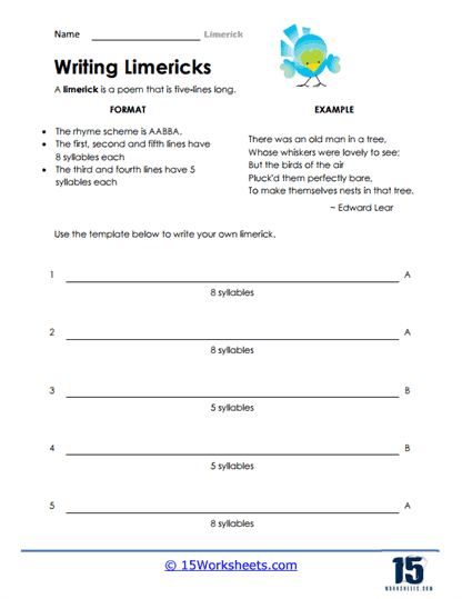 Worksheet for writing a limerick, perfect for third graders who enjoy rhyming