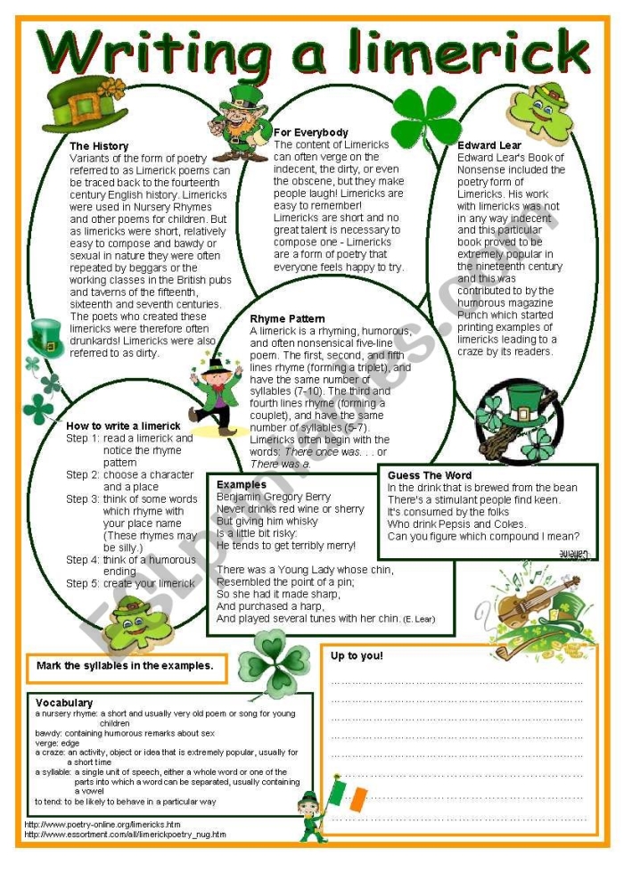 Worksheet for writing limericks in the style of Edward Lear for third graders