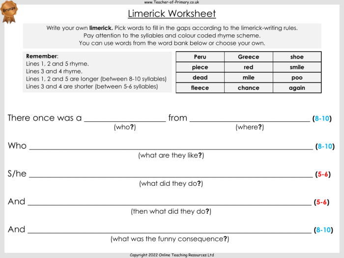 Worksheet for writing limericks in the style of Edward Lear for third graders