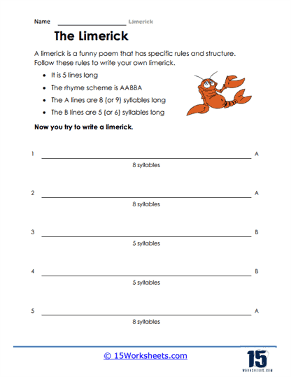 Worksheet for writing limericks in a fun, engaging format for third graders