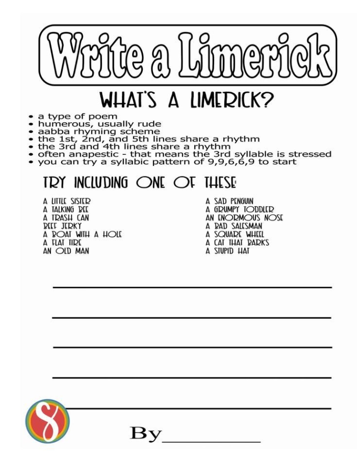 Worksheet for writing limericks in a fun and engaging way for third graders