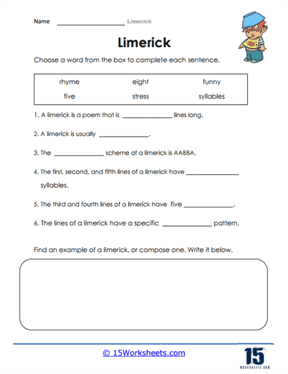 Worksheet for writing a limerick in the style of Edward Lear for third graders