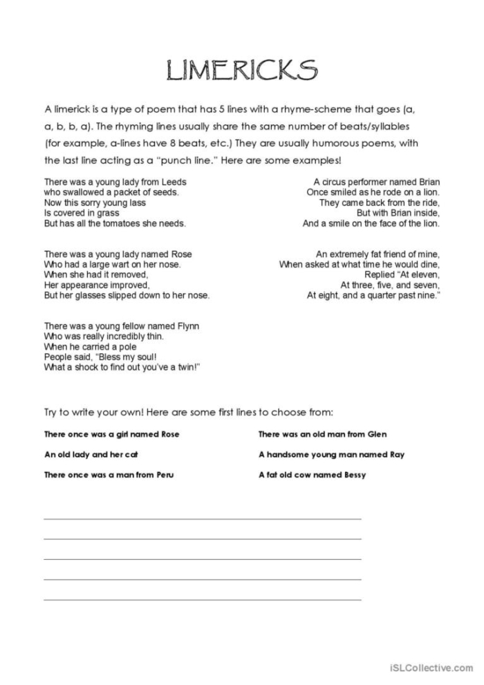 Worksheet for writing limericks inspired by Edward Lear for third graders