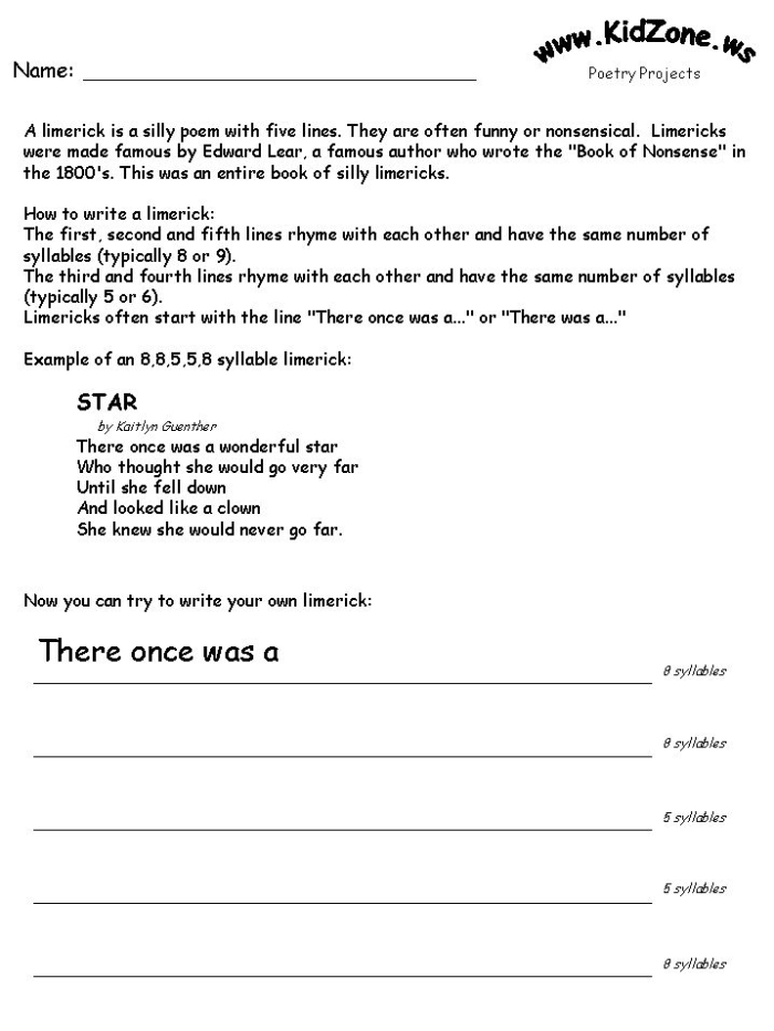 Worksheet for writing limericks inspired by Edward Lear for third graders