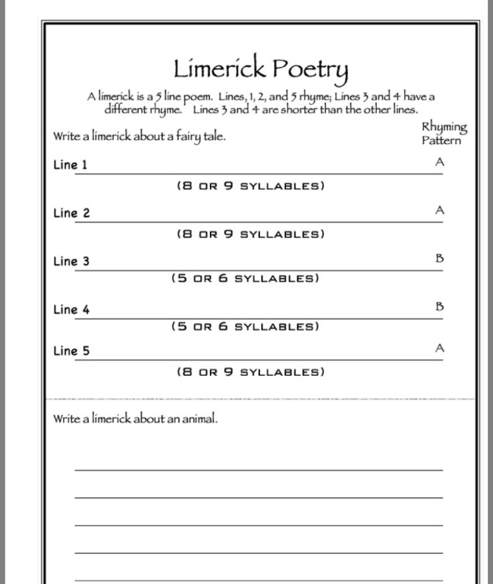 Worksheet for writing limericks in a fun and engaging way for third graders