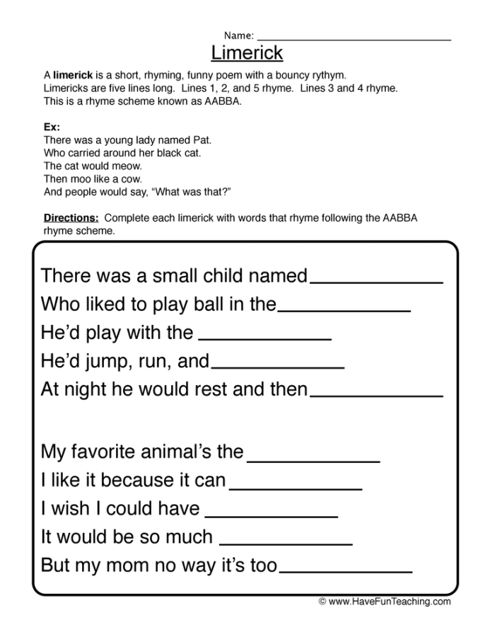 Worksheet for writing a limerick in the style of Edward Lear for third graders