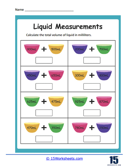 Math worksheet 25 measuring liquid volumes in liters and milliliters for grade three students Third grade student practicing reading liquid measurements in liters and milliliters on math worksheet 25