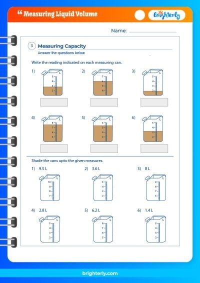 Reading Liquid Measurements Math Worksheet 12 Third grade math worksheet for practicing reading liquid volume in liters and milliliters