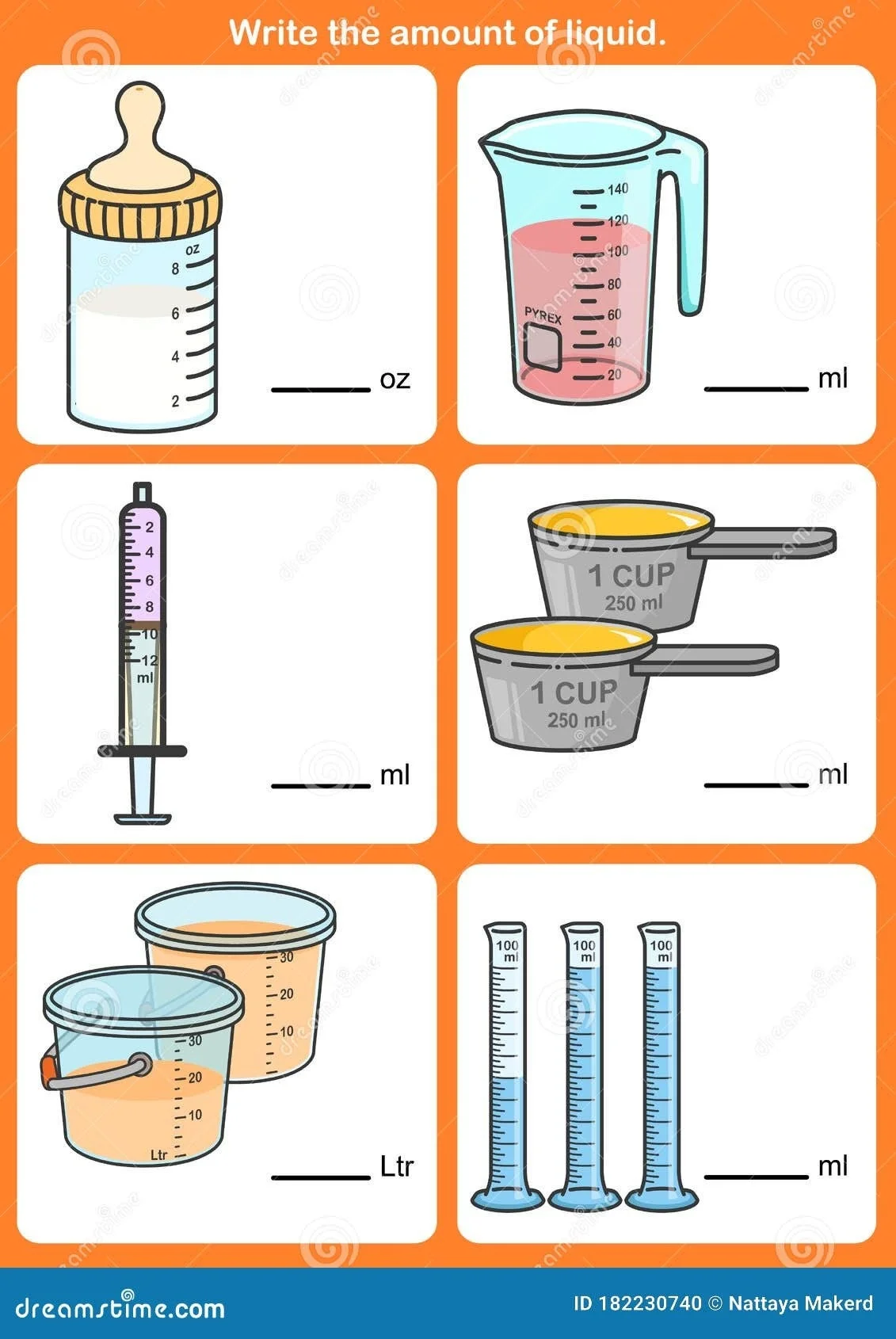 Reading Liquid Measurements Practice for Elementary Math Learners Third grade students practicing how to read and identify liquid volume measurements shown in liter and milliliter containers on a math worksheet