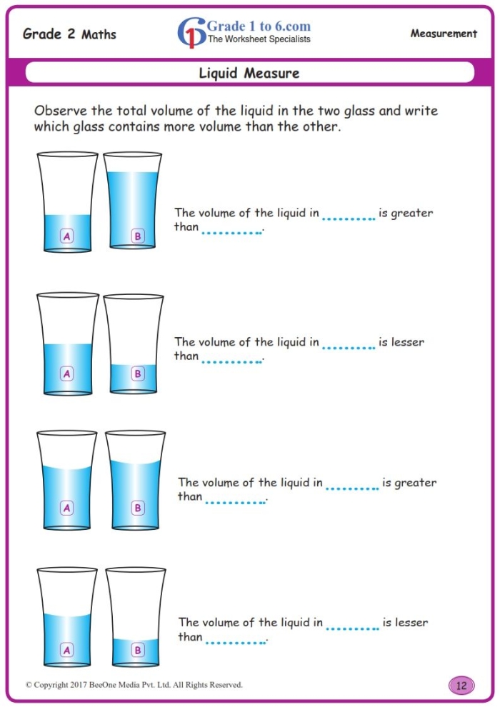 Reading Liquid Measurements Worksheet Page Seven Third grade student practicing how to read liquid measurements in liters and milliliters on a math worksheet
