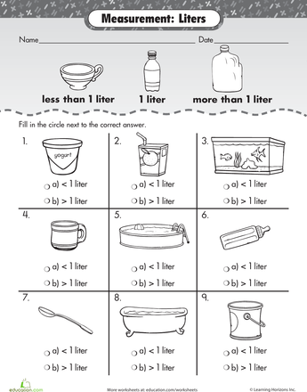 How Much is One Liter Measurement Comparison Activity for Elementary Students Third grade students comparing and measuring liquid volumes in liters on a practice worksheet