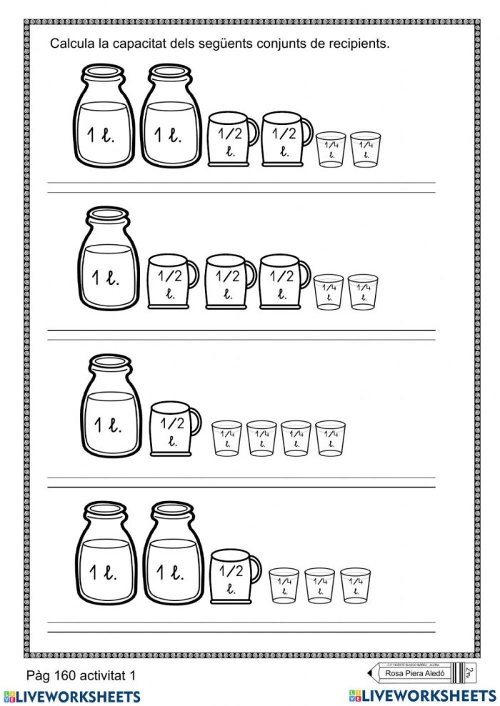 How Much is One Liter Worksheet 18 A third grade student completing a measuring worksheet about liter capacities