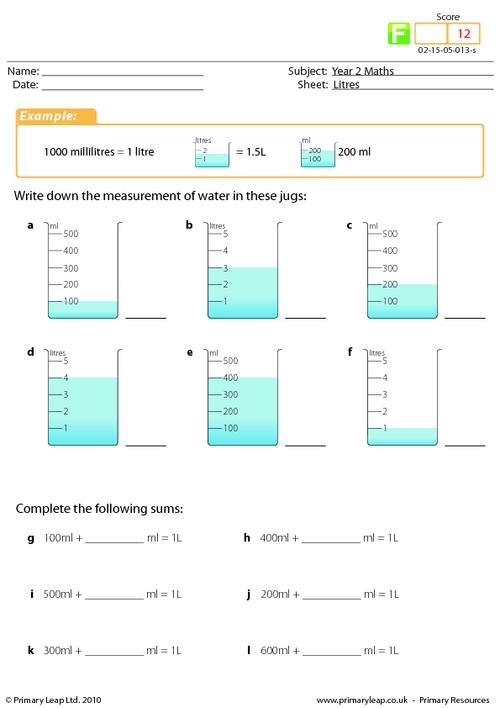 Learning about liquid capacity and measurements with the How Much is One Liter? printable for 3rd grade Third grade student measuring liquid volumes to complete the How Much is One Liter? worksheet